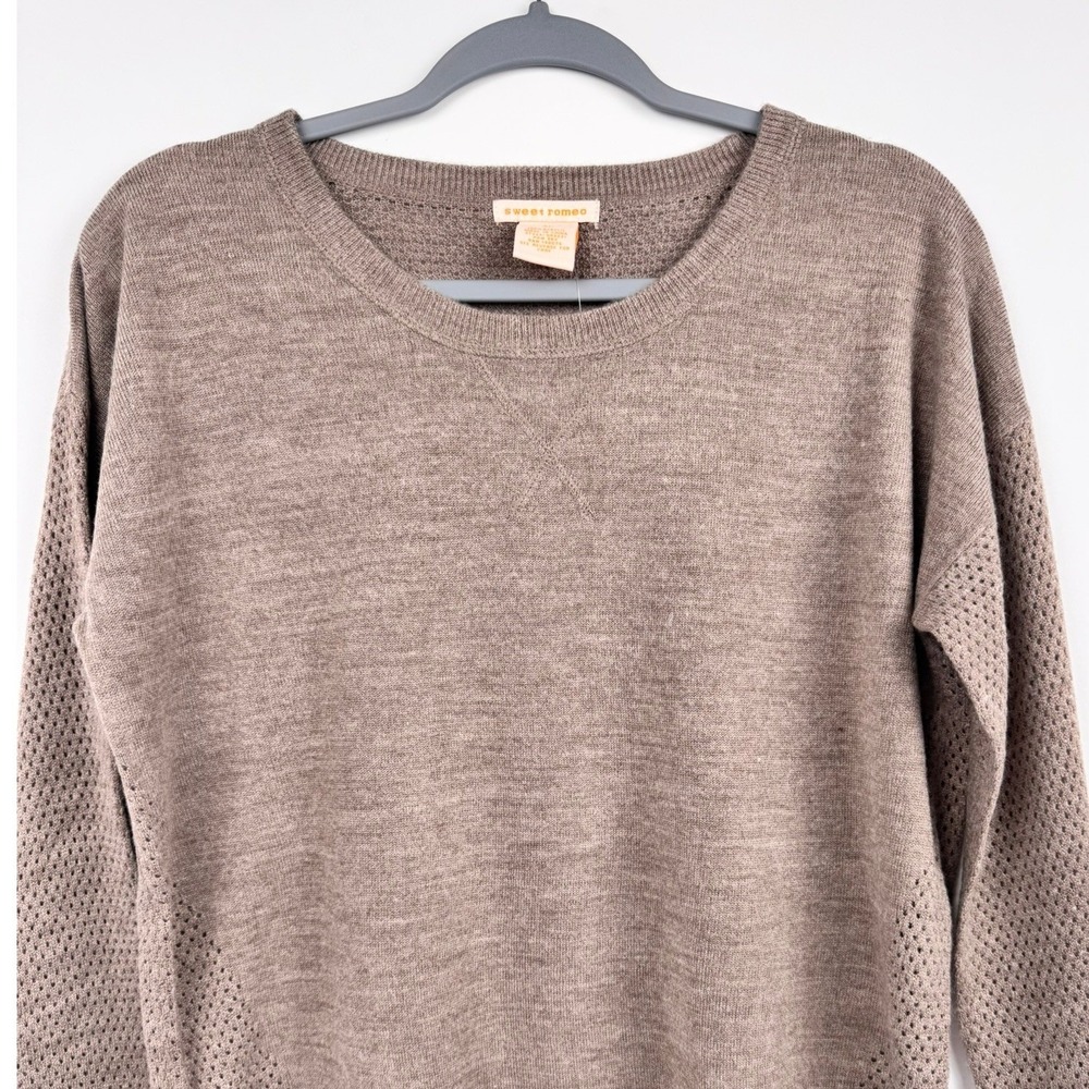 Women's Taupe Knit Sweater Textured Mesh Sleeve Long Sleeve Top Sweet Romeo XL - Picture 2 of 5